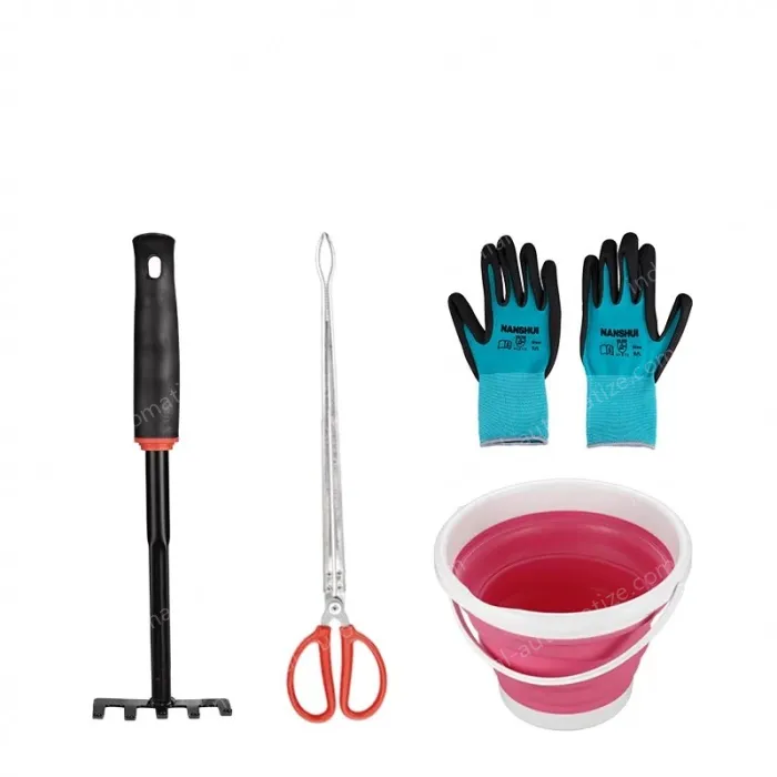pliers + folding bucket + rake + gloves